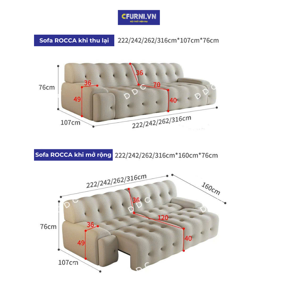Kích thước Sofa bed ROCCA